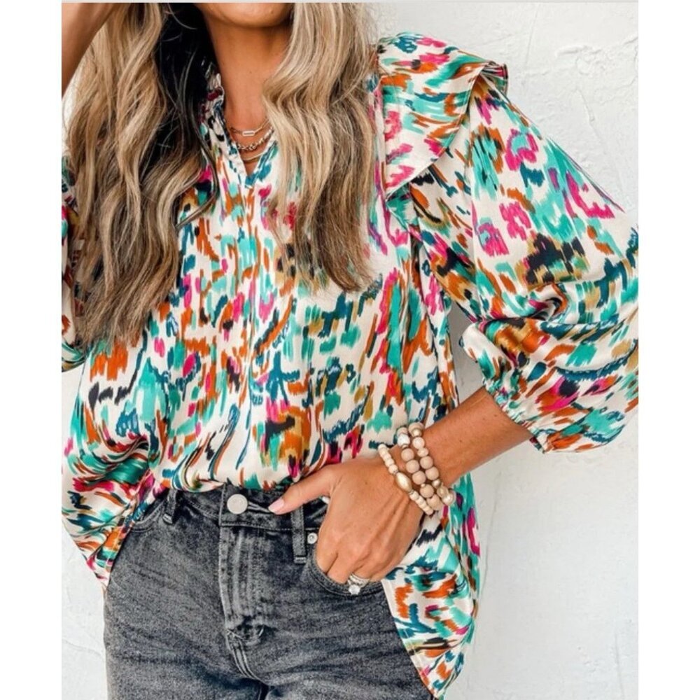 Marissa Blouse Ruffle Top Large‎ Balloon Sleeve Colorful Flutter Y2K Boutique